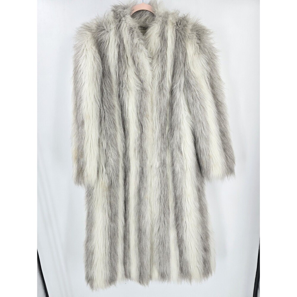 Vintage Handmade Faux Fur Long Coat White Animal Print Made in USA Lined Read